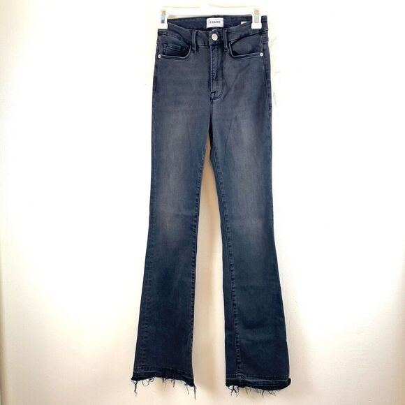 Frame le super high mini boot stretch denim jeans sz 25 black gray raw hem - Picture 1 of 13
